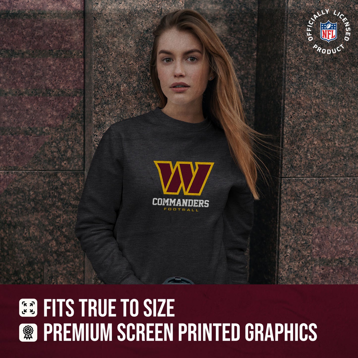 Washington Commanders Women's NFL Ultimate Fan Logo Slouchy Crewneck -Tagless Fleece Lightweight Pullover - Charcoal
