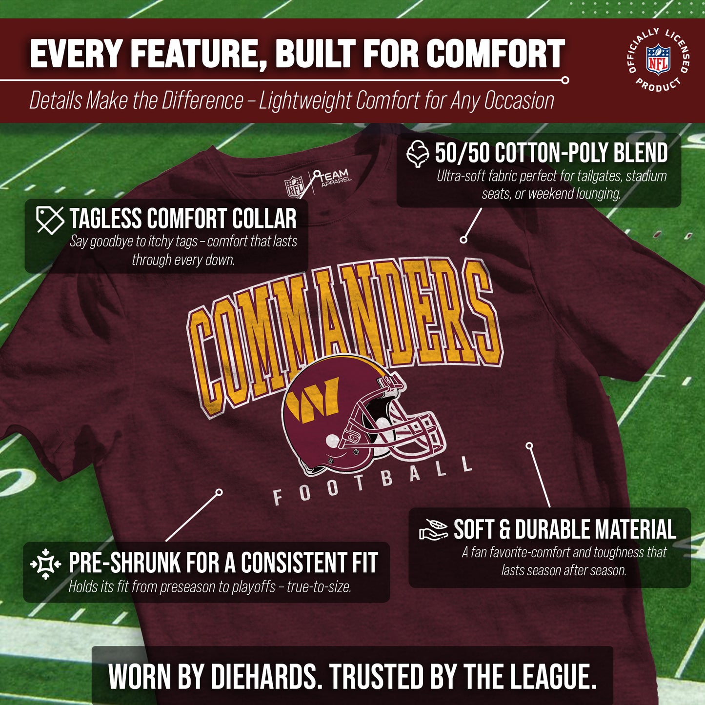 Washington Commanders NFL Adult All Star Heather Tag-Less T-Shirt - Maroon Heather