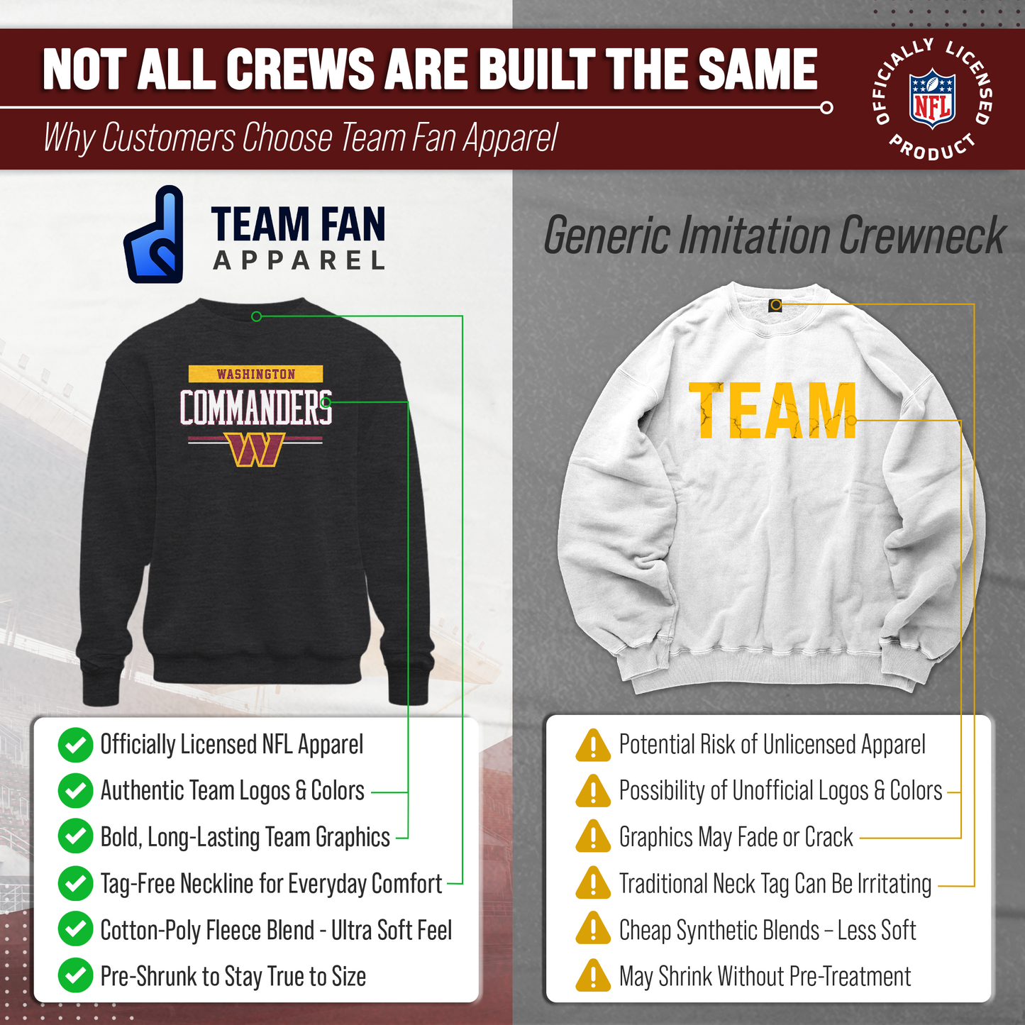 Washington Commanders NFL Adult Long Sleeve Team Block Charcoal Crewneck Sweatshirt - Charcoal