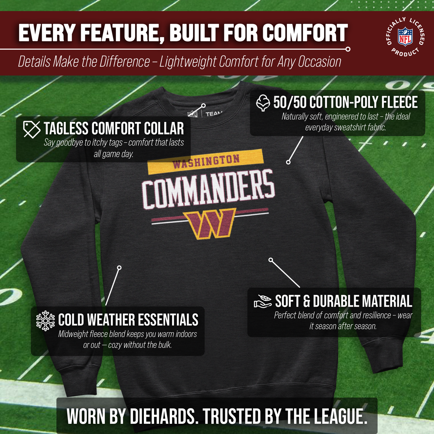 Washington Commanders NFL Adult Long Sleeve Team Block Charcoal Crewneck Sweatshirt - Charcoal