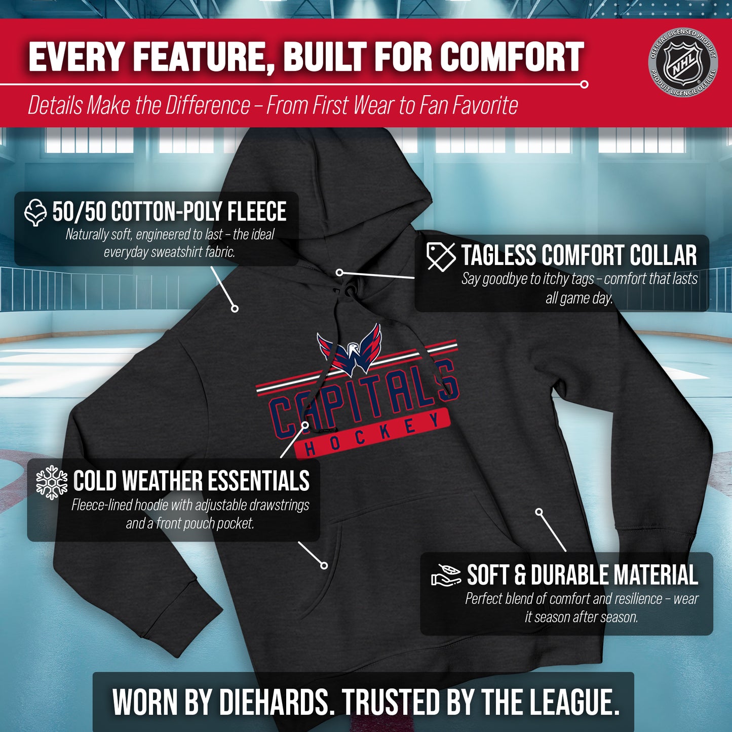 Washington Capitals NHL Adult Heather Charcoal True Fan Hooded Sweatshirt Unisex - Charcoal