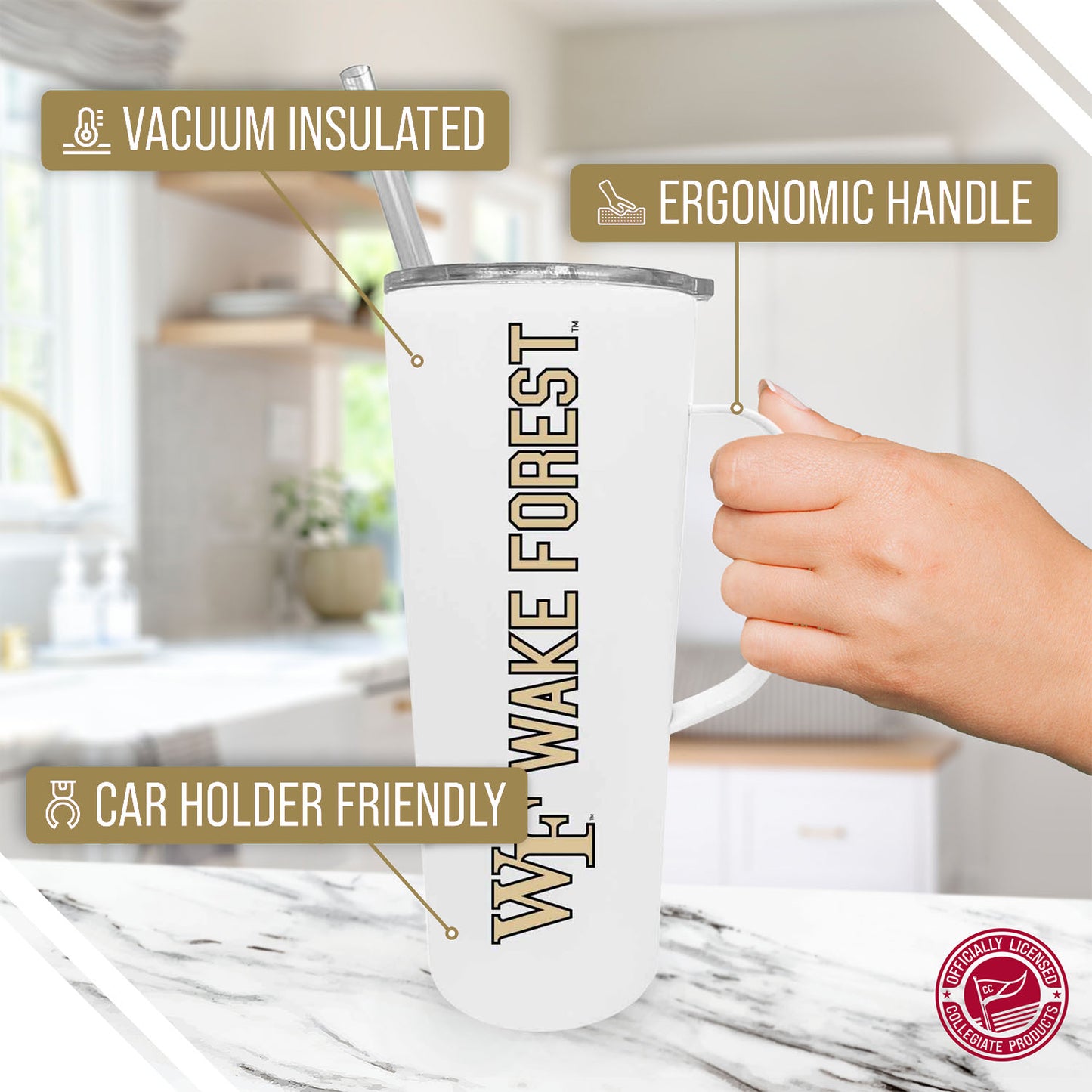 Wake Forest Demon Deacons NCAA Stainless Steel 20oz Roadie With Handle & Dual Option Lid With Straw - White