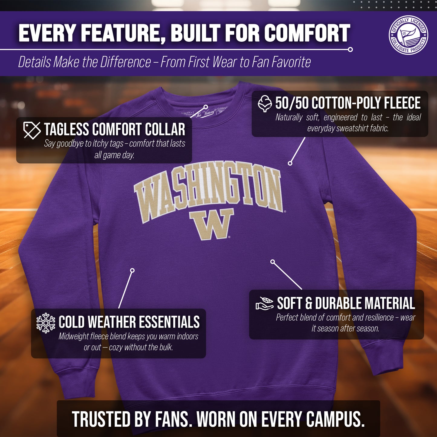 Washington Huskies NCAA Adult Tackle Twill Crewneck Sweatshirt - Purple
