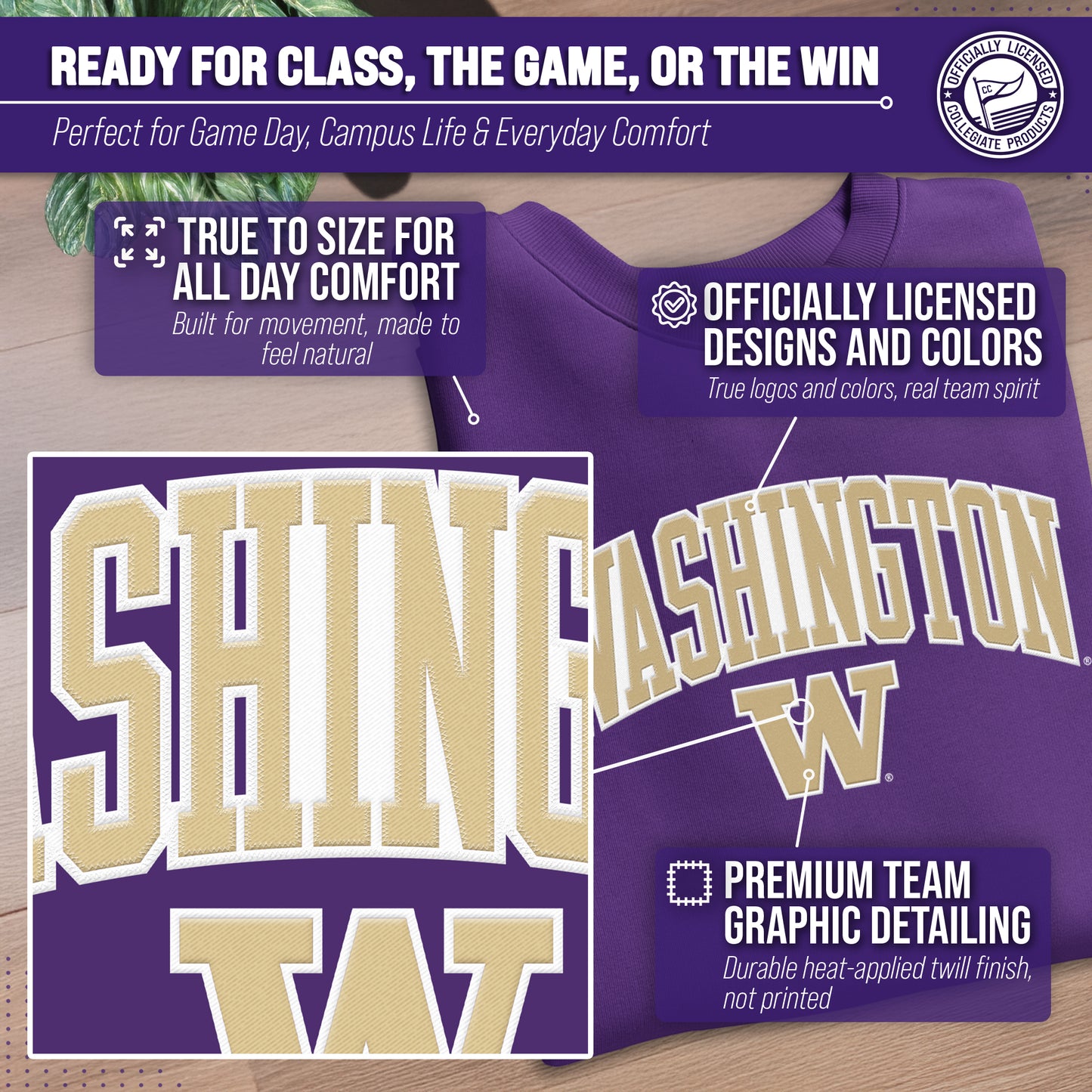 Washington Huskies NCAA Adult Tackle Twill Crewneck Sweatshirt - Purple