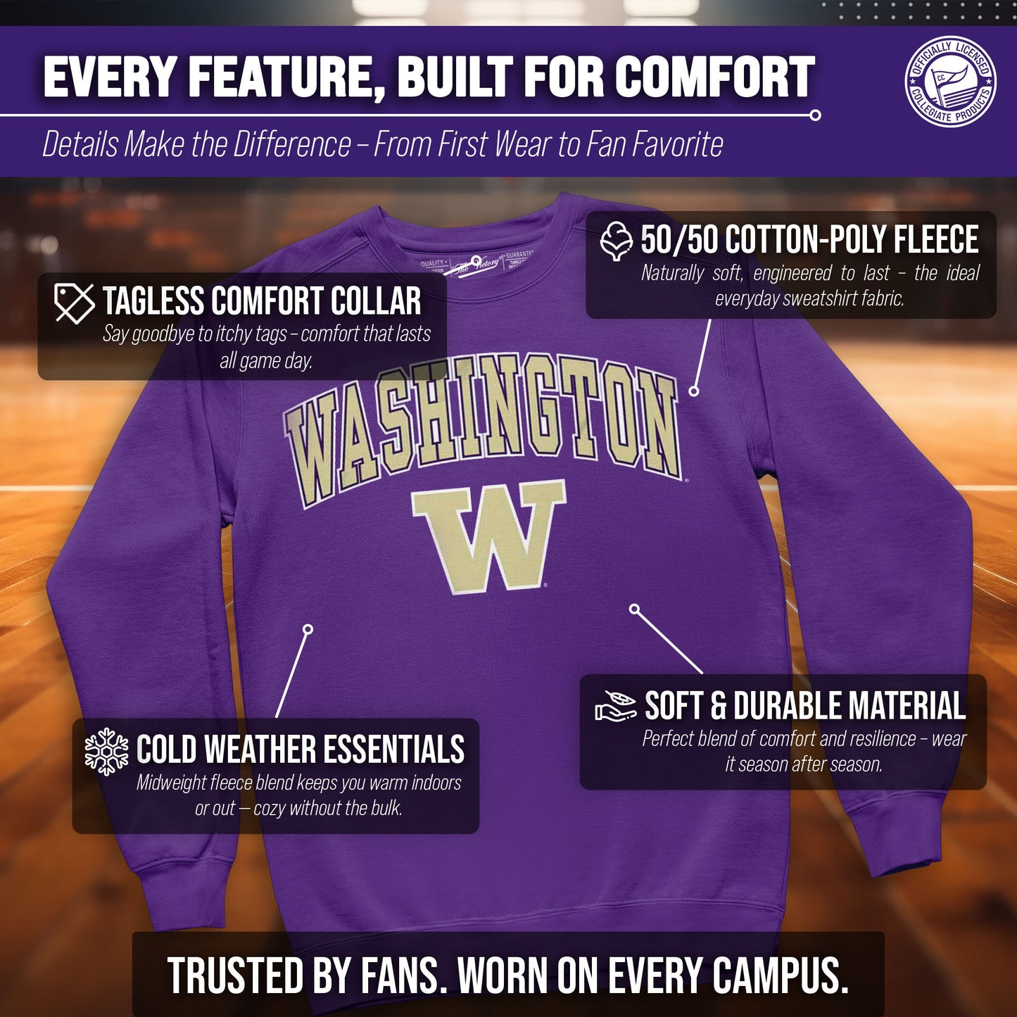 Washington Huskies Adult Arch & Logo Soft Style Gameday Crewneck Sweatshirt - Purple