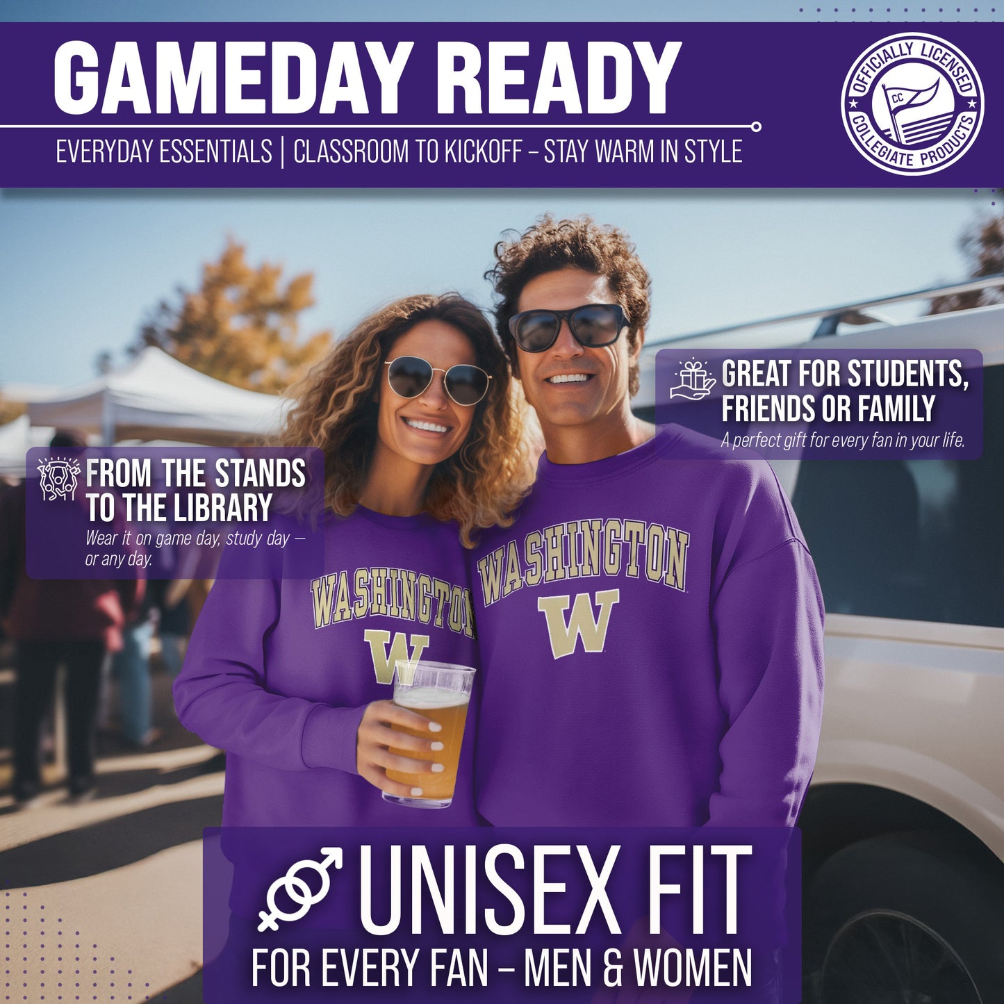 Washington Huskies Adult Arch & Logo Soft Style Gameday Crewneck Sweatshirt - Purple