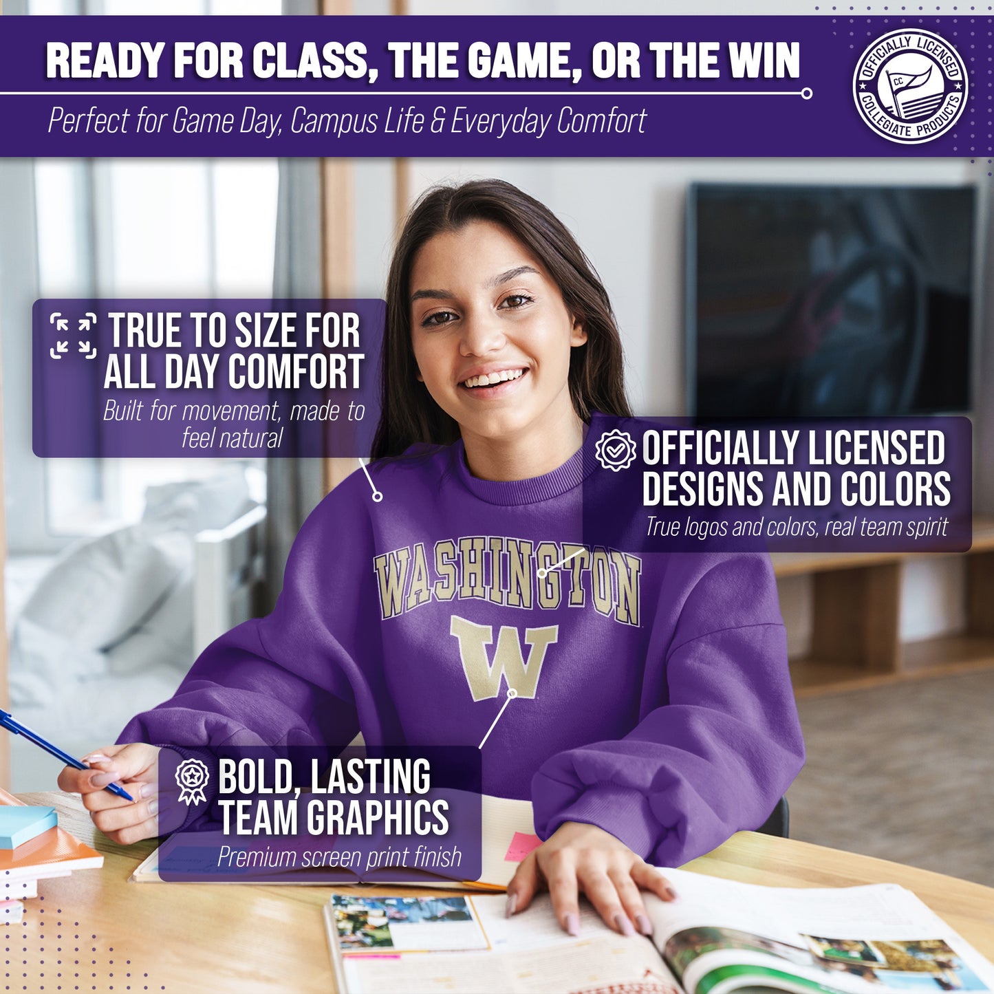 Washington Huskies Adult Arch & Logo Soft Style Gameday Crewneck Sweatshirt - Purple
