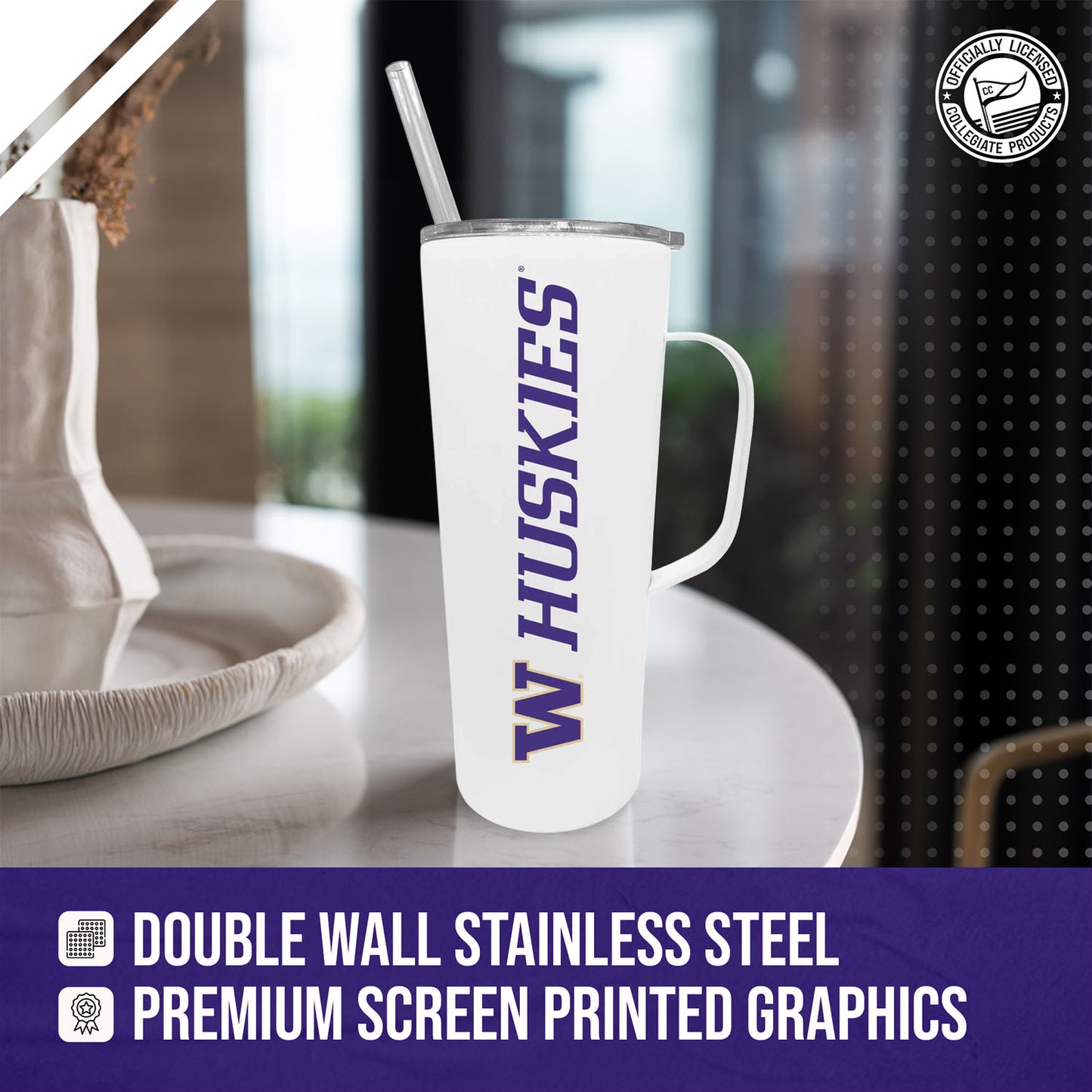 Washington Huskies NCAA Stainless Steel 20oz Roadie With Handle & Dual Option Lid With Straw - White
