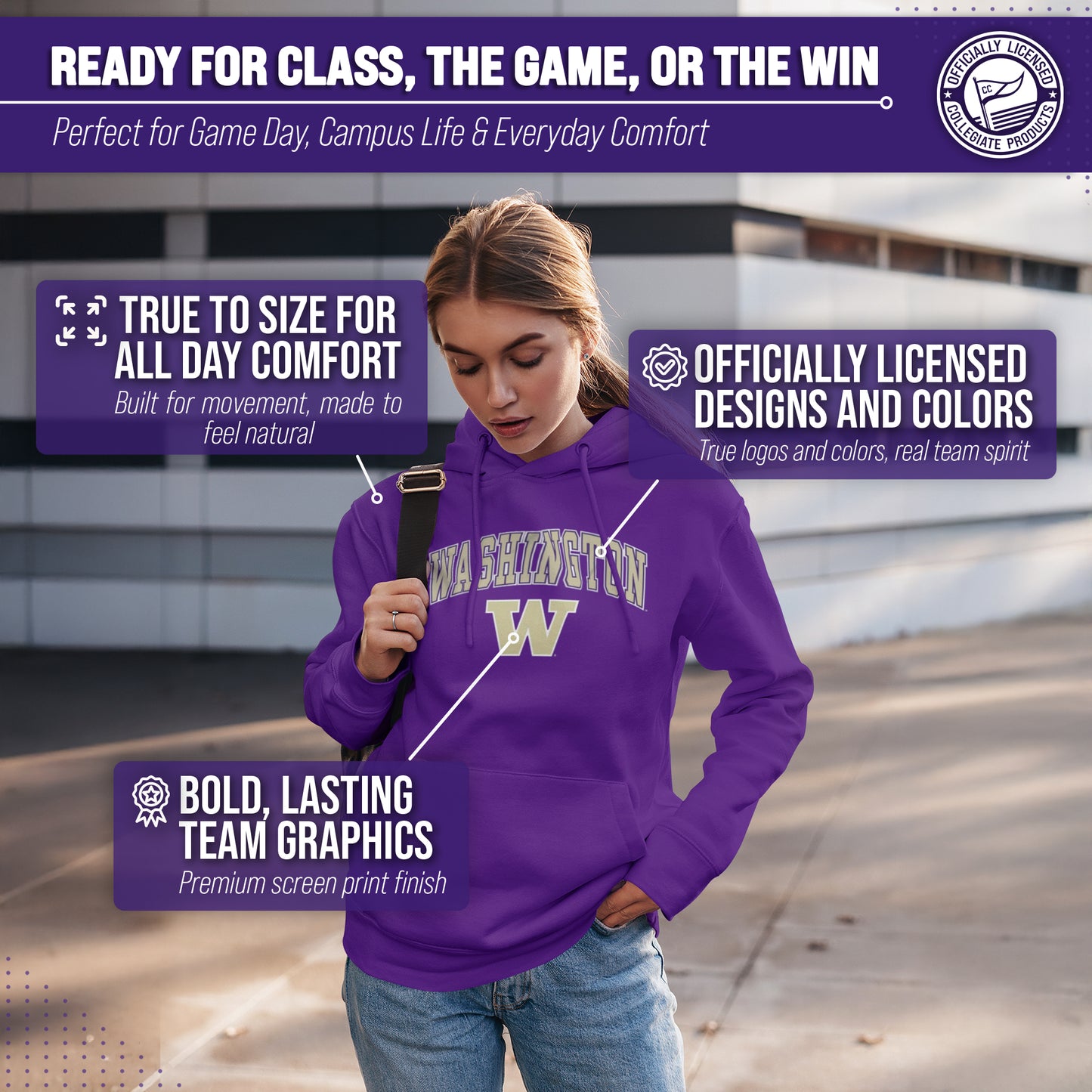 Washington Huskies Adult Arch & Logo Soft Style Gameday Hooded Sweatshirt - Purple