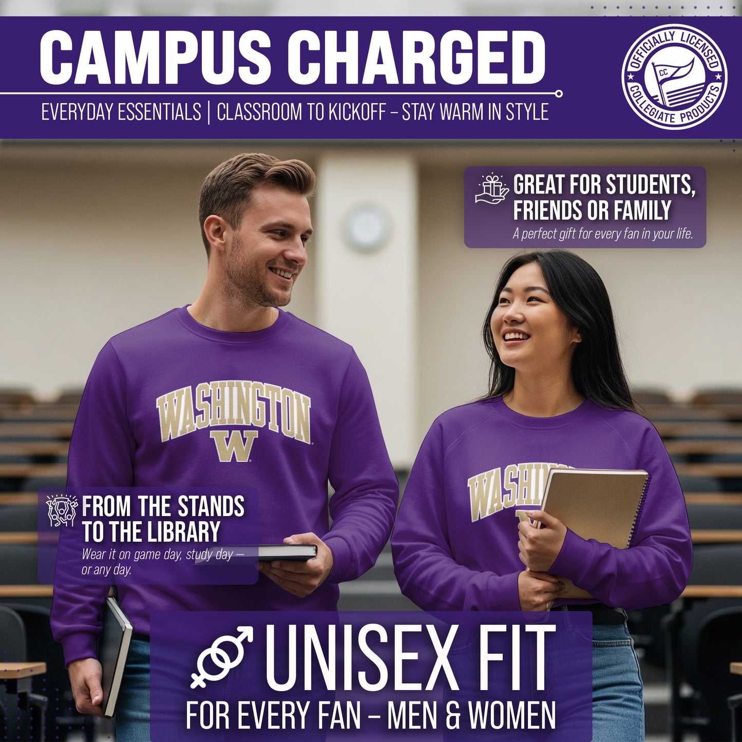 Washington Huskies Adult Tackle Twill Crewneck - Purple