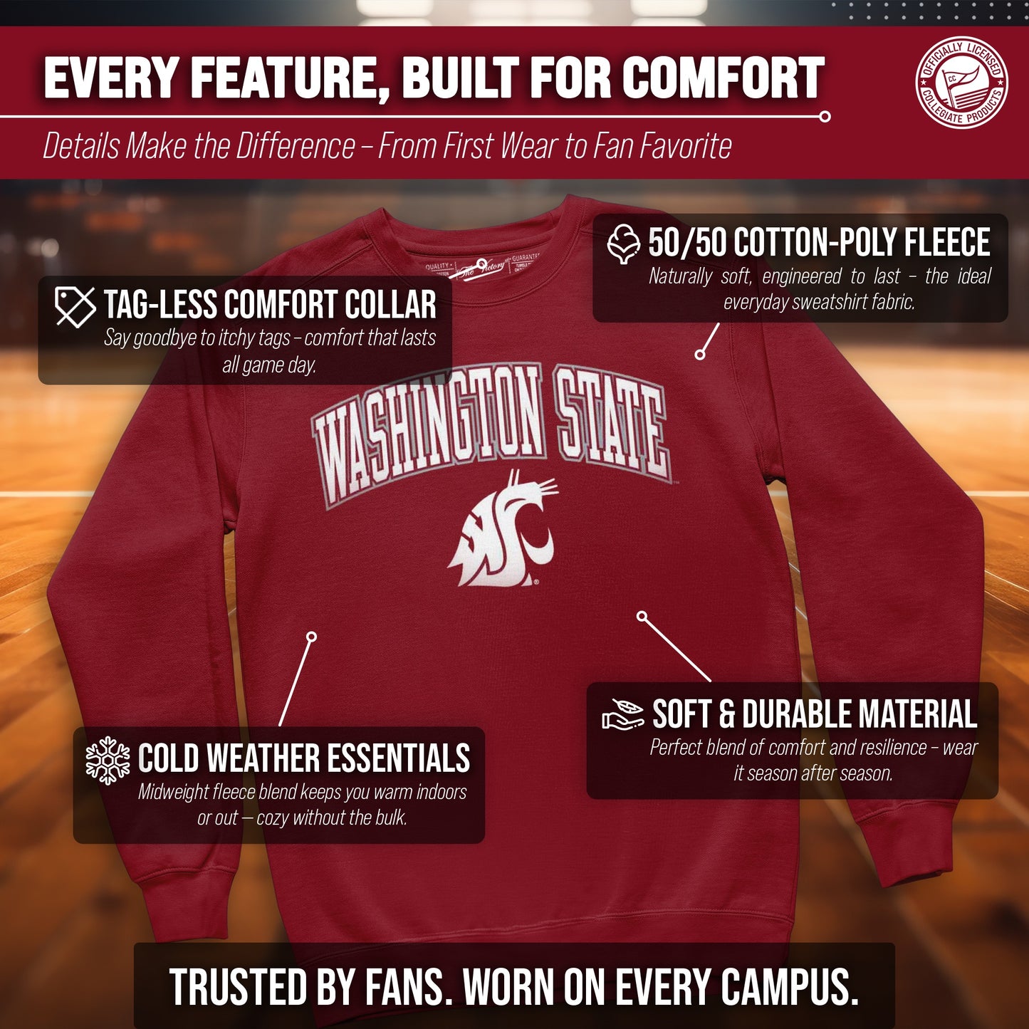 Washington State Cougars Adult Arch & Logo Soft Style Gameday Crewneck Sweatshirt - Cardinal