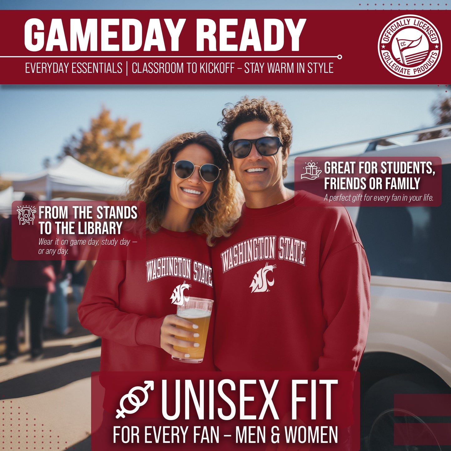Washington State Cougars Adult Arch & Logo Soft Style Gameday Crewneck Sweatshirt - Cardinal