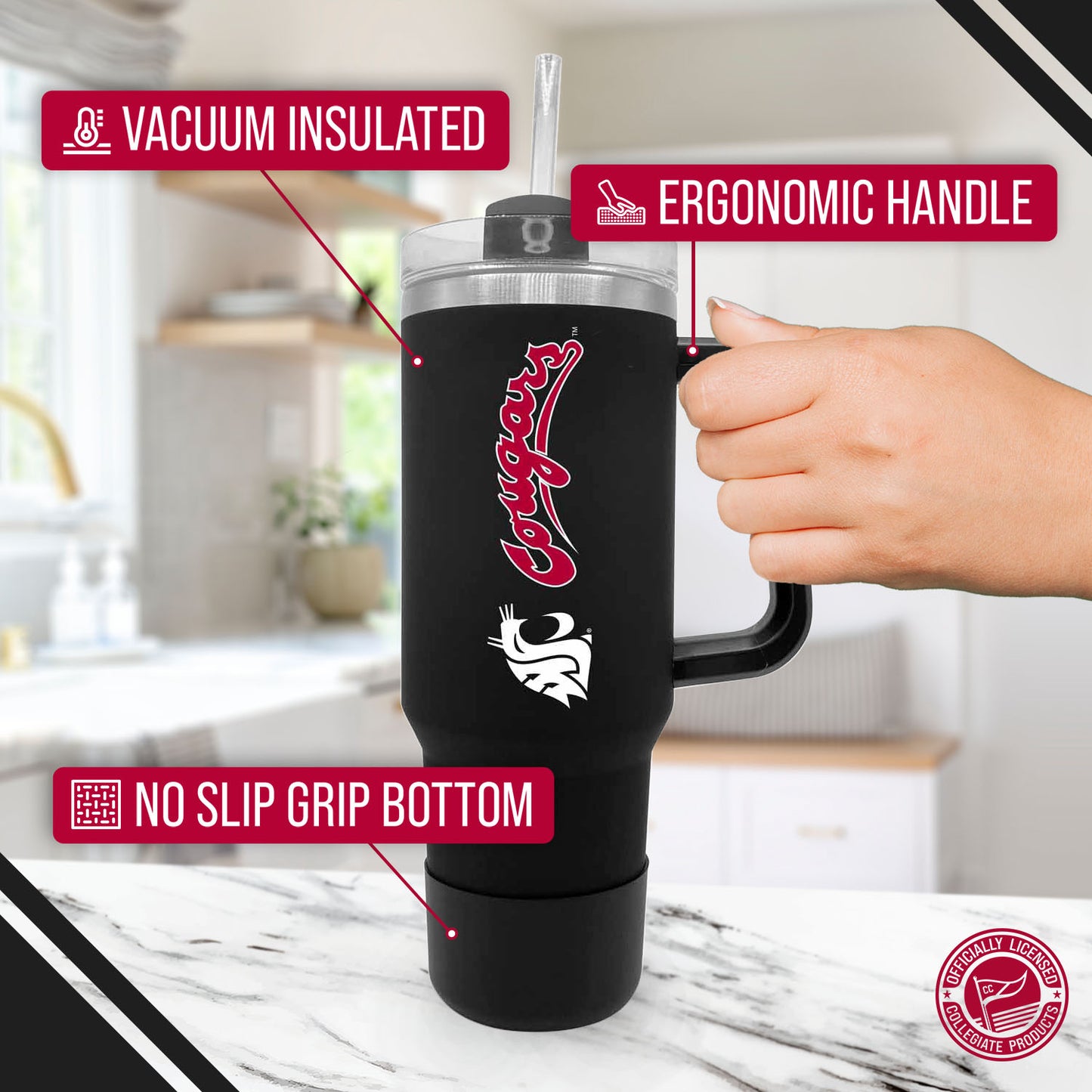Washington State Cougars College & University 40 oz Travel Tumbler With Handle - Black