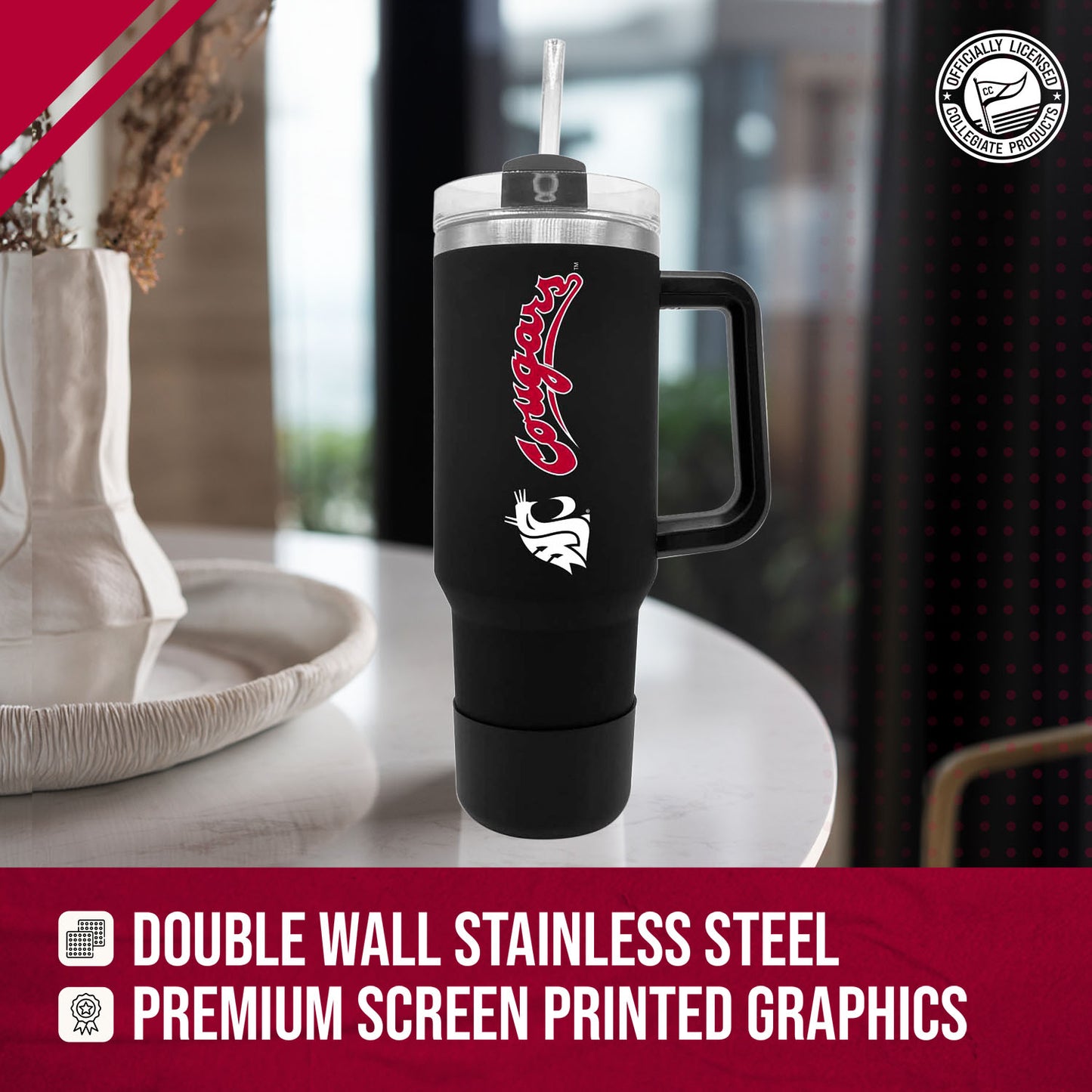 Washington State Cougars College & University 40 oz Travel Tumbler With Handle - Black