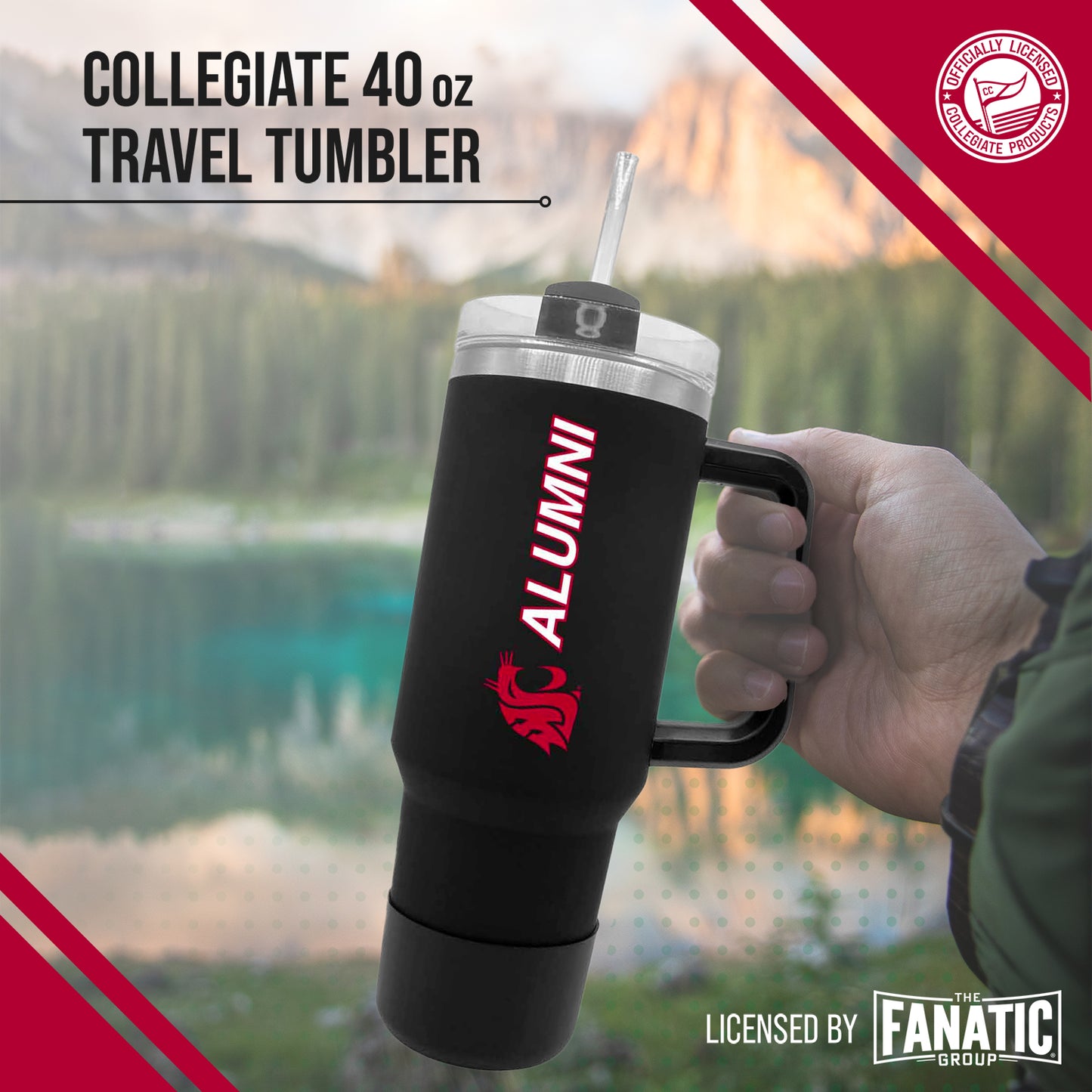 Washington State Cougars Collegiate 40oz Stainless Steel Travel Tumbler with Handle for Alumni - Black