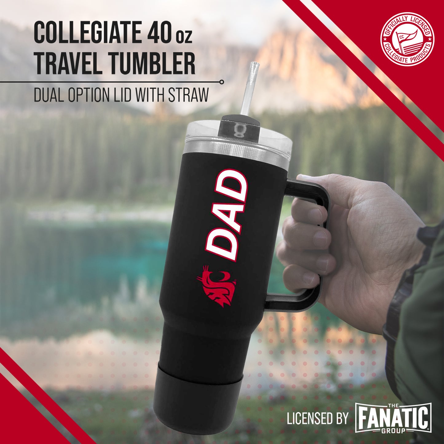 Washington State Cougars Collegiate 40oz Stainless Steel Travel Tumbler with Handle for Dad - Black