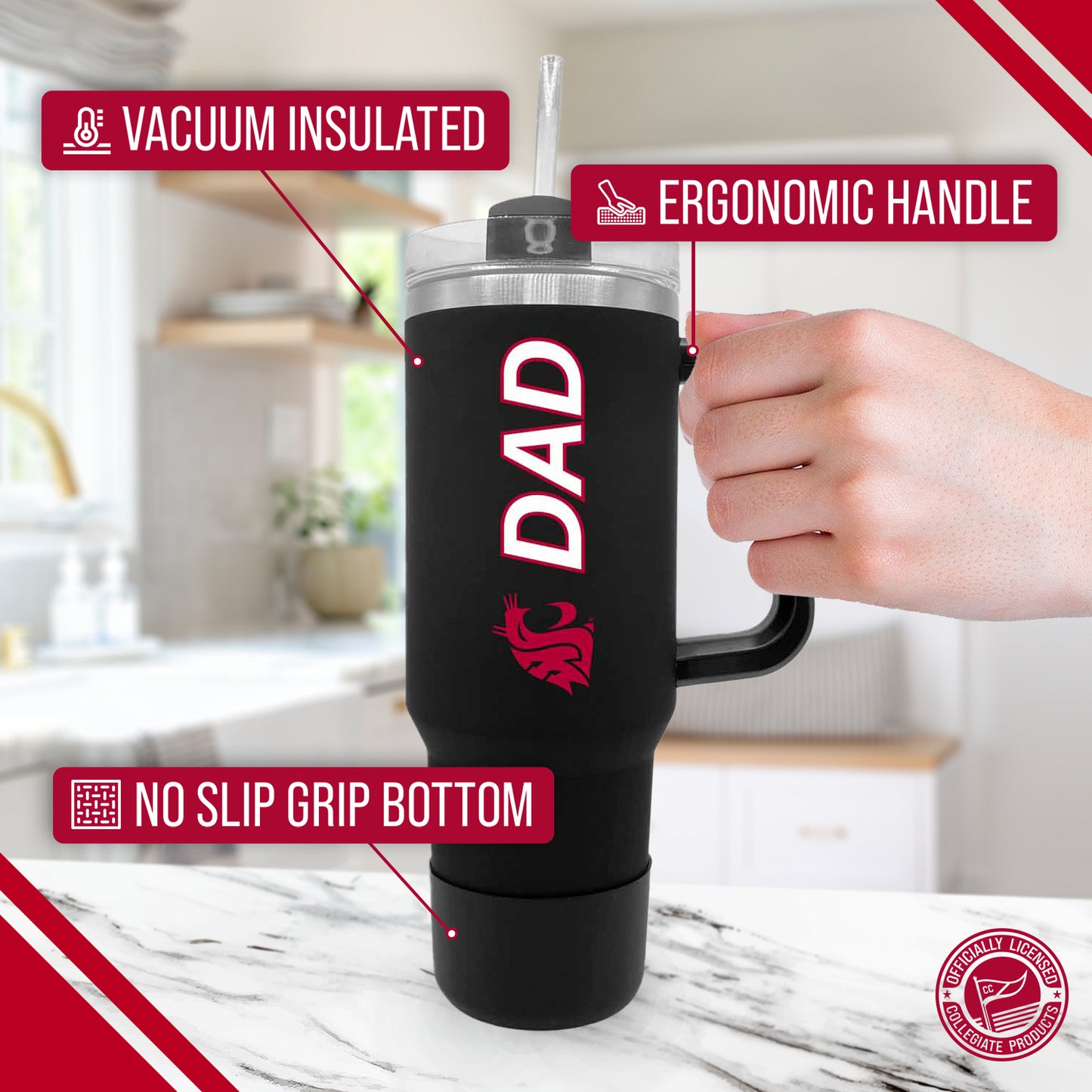 Washington State Cougars Collegiate 40oz Stainless Steel Travel Tumbler with Handle for Dad - Black
