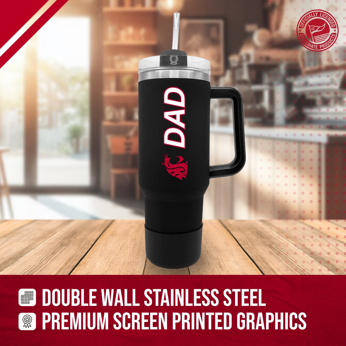 Washington State Cougars Collegiate 40oz Stainless Steel Travel Tumbler with Handle for Dad - Black