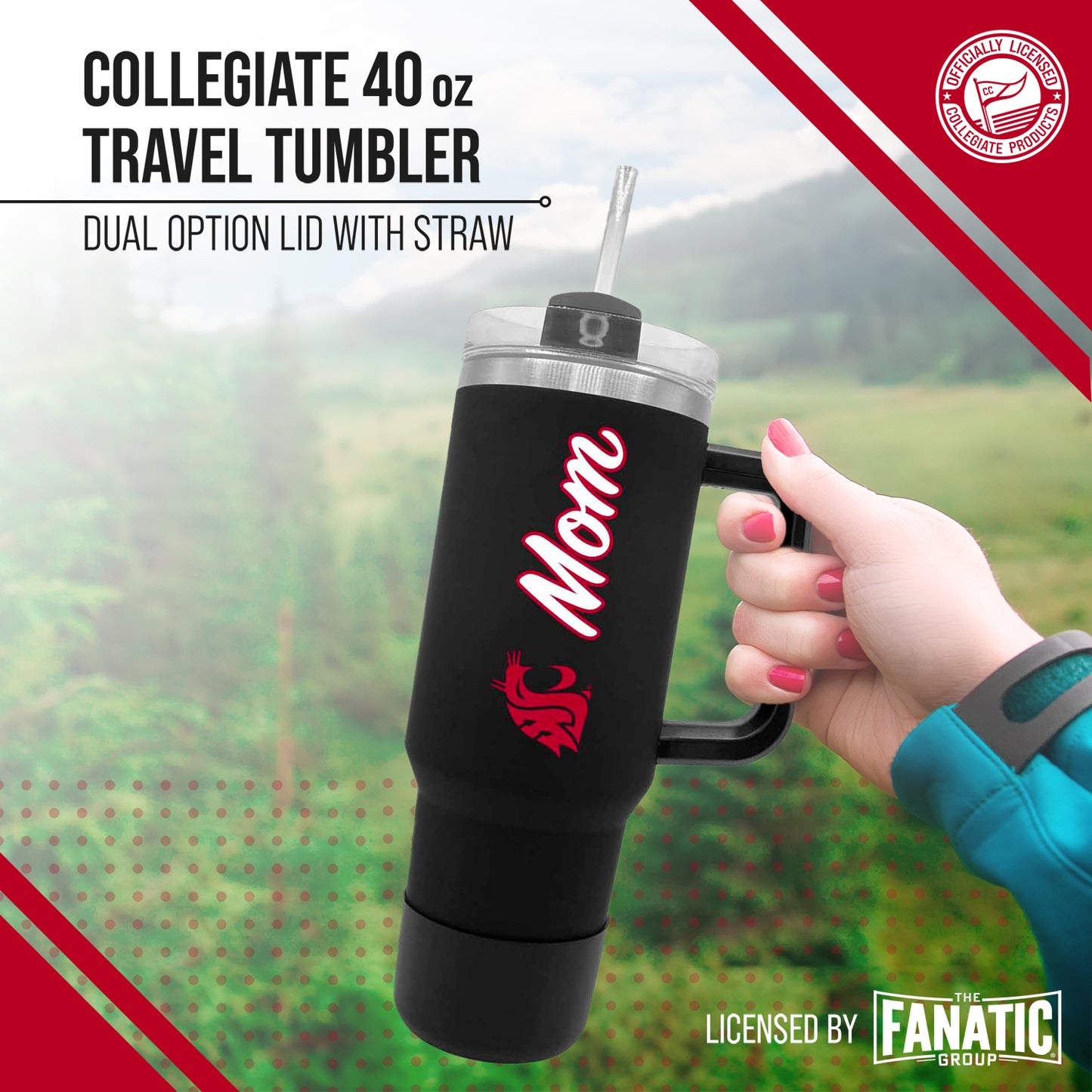 Washington State Cougars Collegiate 40oz Stainless Steel Travel Tumbler with Handle for Mom - Black