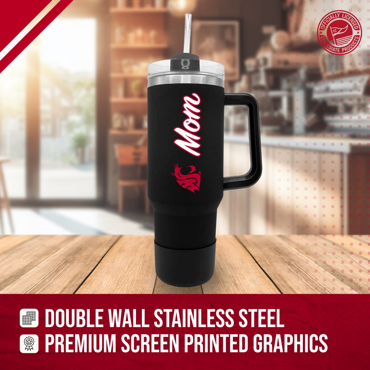 Washington State Cougars Collegiate 40oz Stainless Steel Travel Tumbler with Handle for Mom - Black