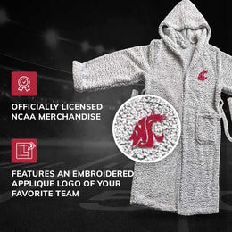 Washington State Cougars NCAA Adult Plush Hooded Robe with Pockets - Gray