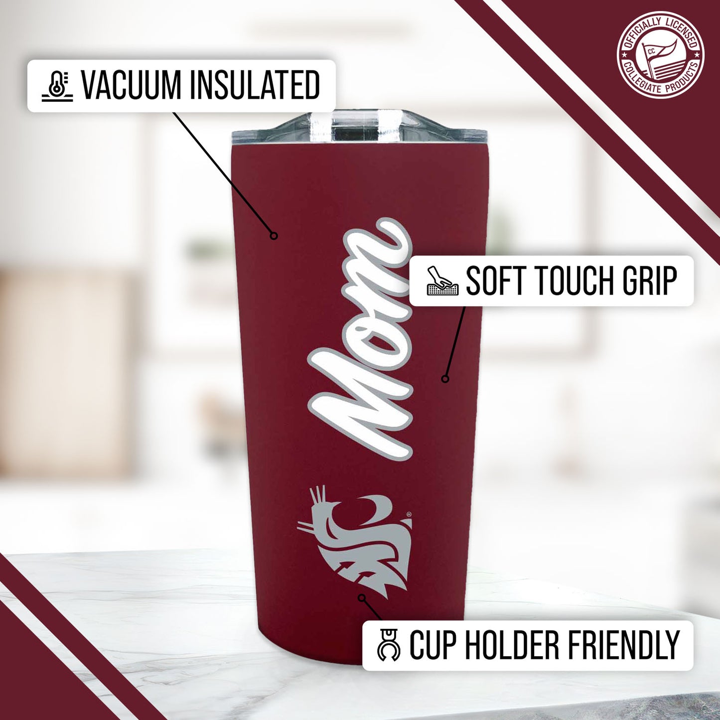 Washington State Cougars NCAA Stainless Steel Travel Tumbler for Mom - Maroon