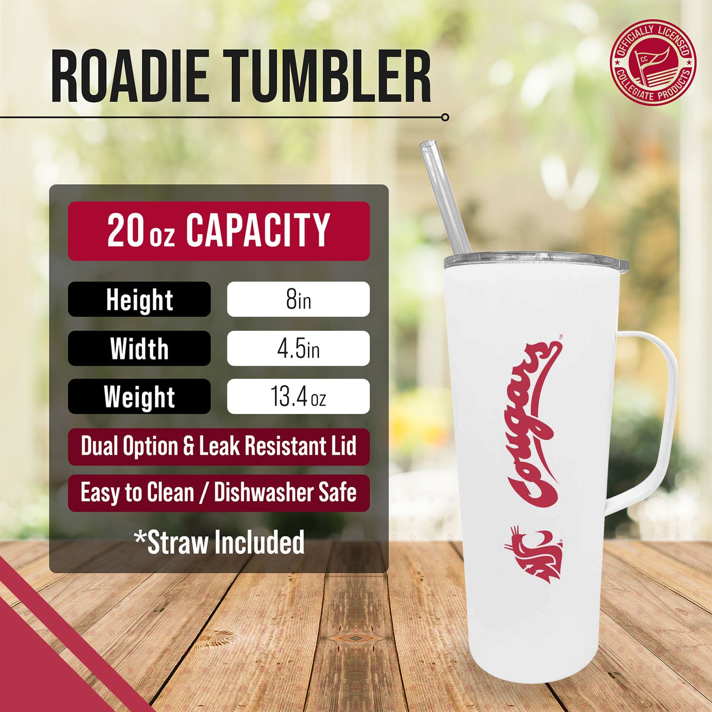 Washington State Cougars NCAA Stainless Steel 20oz Roadie With Handle & Dual Option Lid With Straw - White