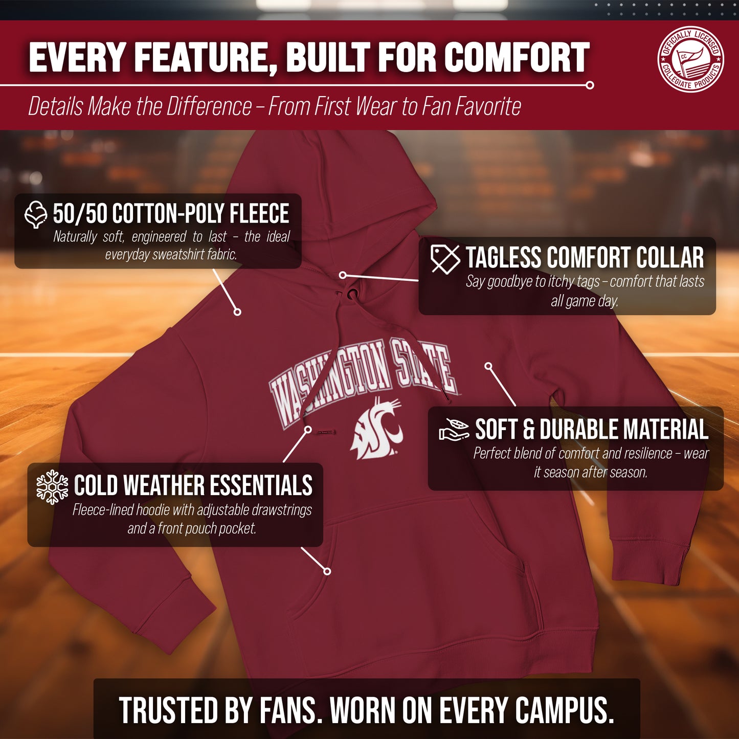 Washington State Cougars Adult Arch & Logo Soft Style Gameday Hooded Sweatshirt - Cardinal