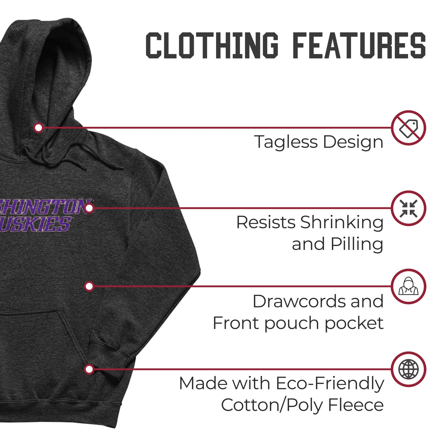 Washington Huskies NCAA Adult Cotton Blend Charcoal Hooded Sweatshirt - Charcoal