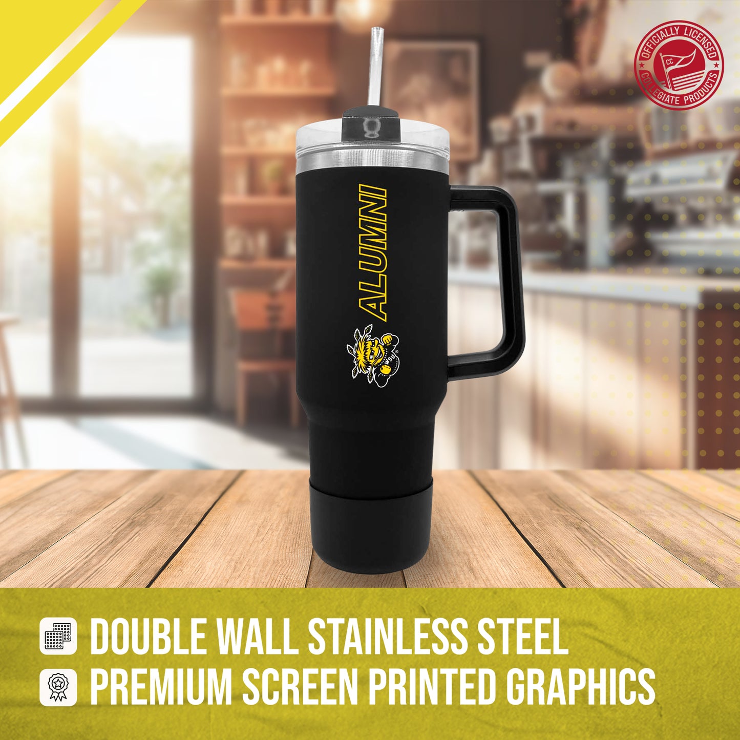 Wichita State Shockers Collegiate 40oz Stainless Steel Travel Tumbler with Handle for Alumni - Black