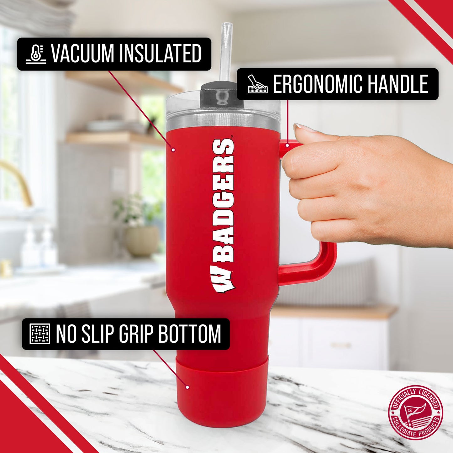 Wisconsin Badgers College & University 40 oz Travel Tumbler With Handle - Red
