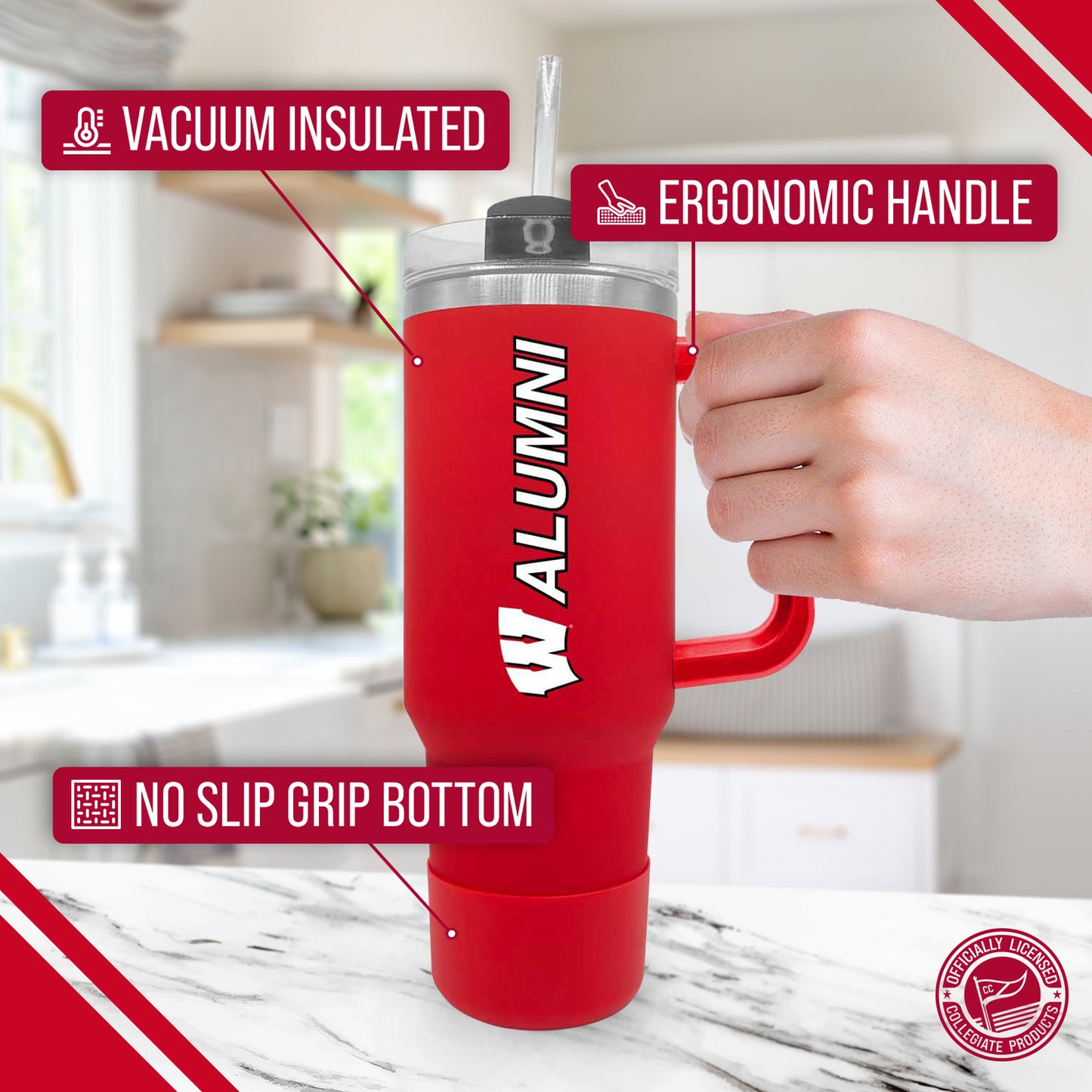 Wisconsin Badgers Collegiate 40oz Stainless Steel Travel Tumbler with Handle for Alumni - Red