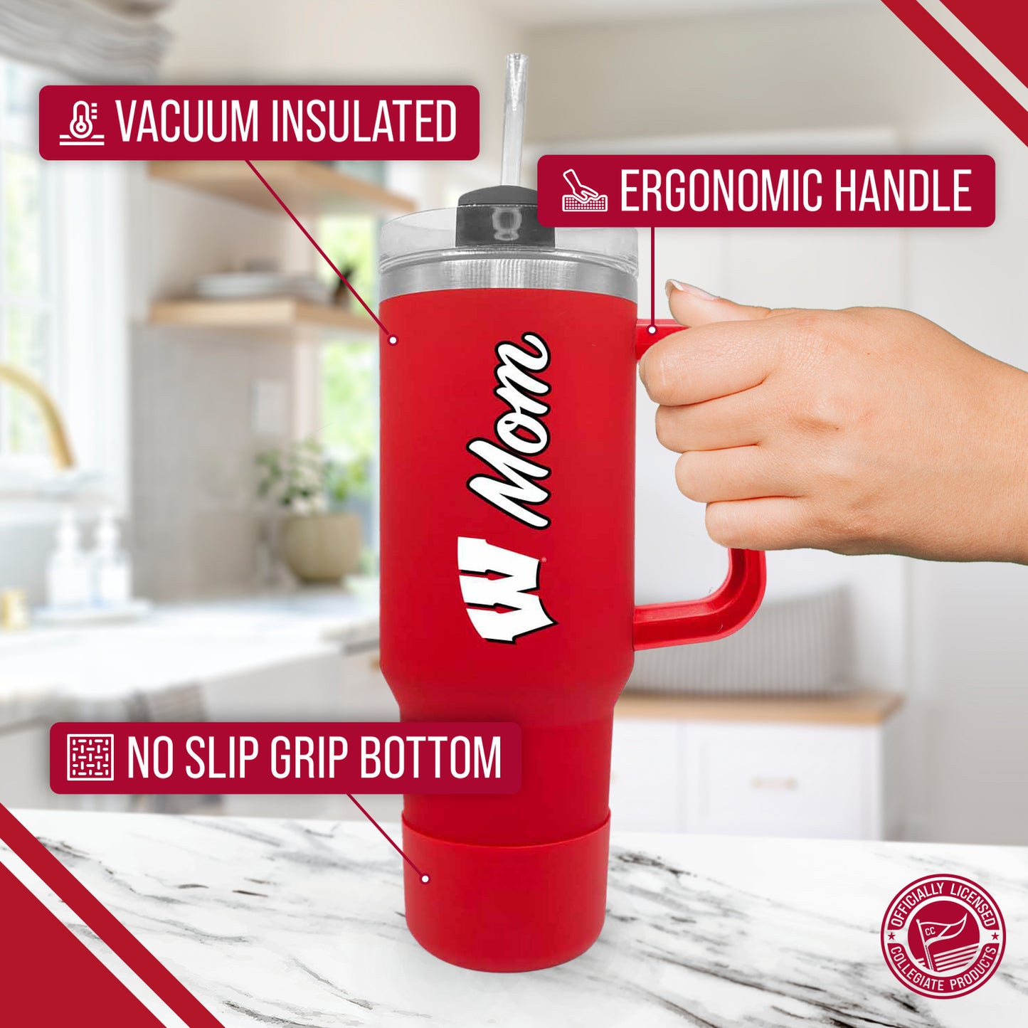 Wisconsin Badgers Collegiate 40oz Stainless Steel Travel Tumbler with Handle for Mom - Red