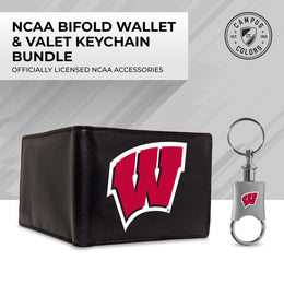 Wisconsin Badgers University Team Logo Mens Bi Fold Wallet and Unisex Valet Keychain Bundle - Black