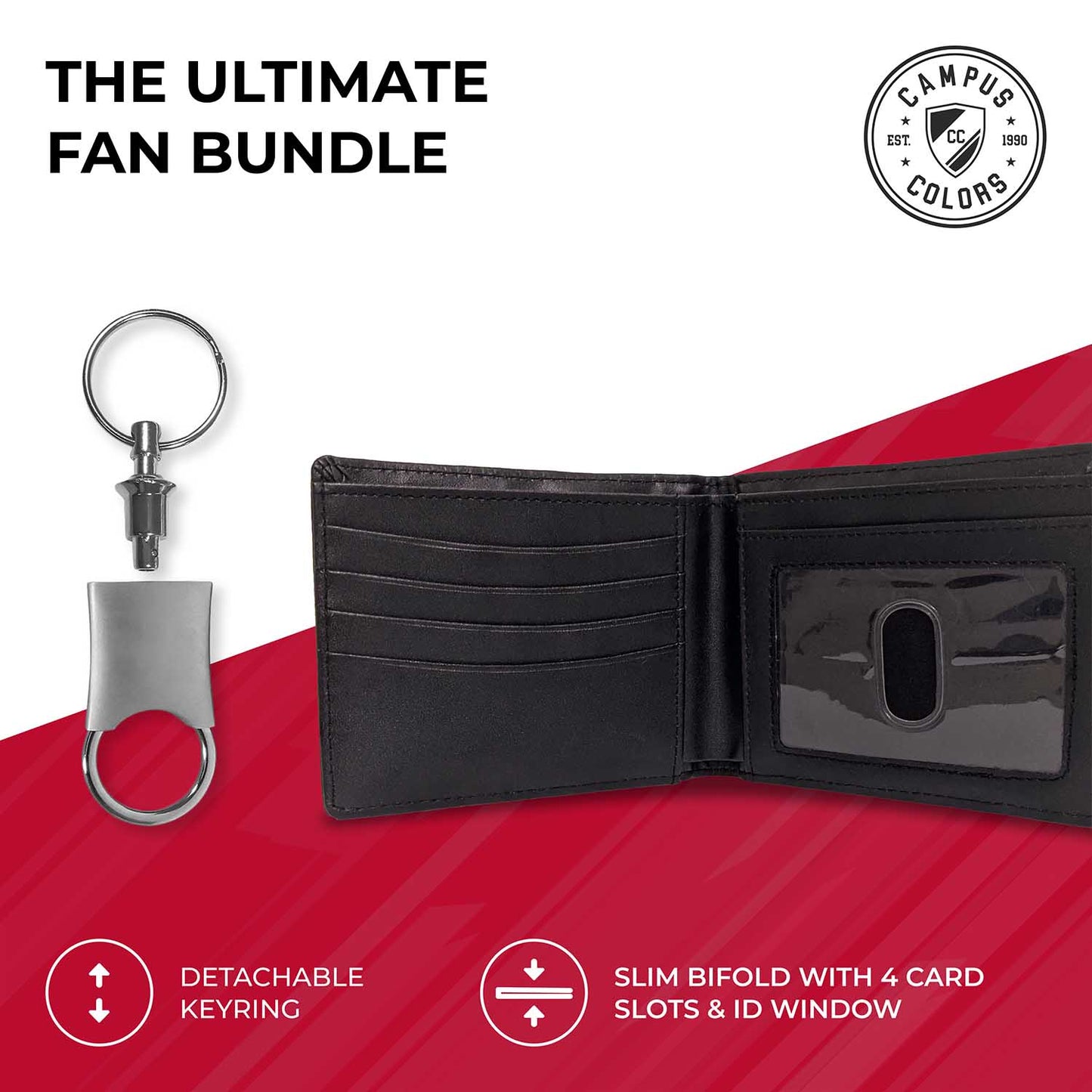 Wisconsin Badgers University Team Logo Mens Bi Fold Wallet and Unisex Valet Keychain Bundle - Black