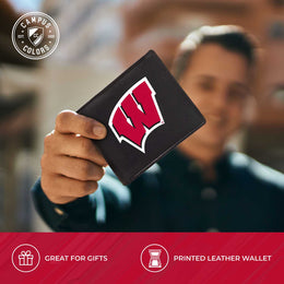 Wisconsin Badgers University Team Logo Mens Bi Fold Wallet and Unisex Valet Keychain Bundle - Black