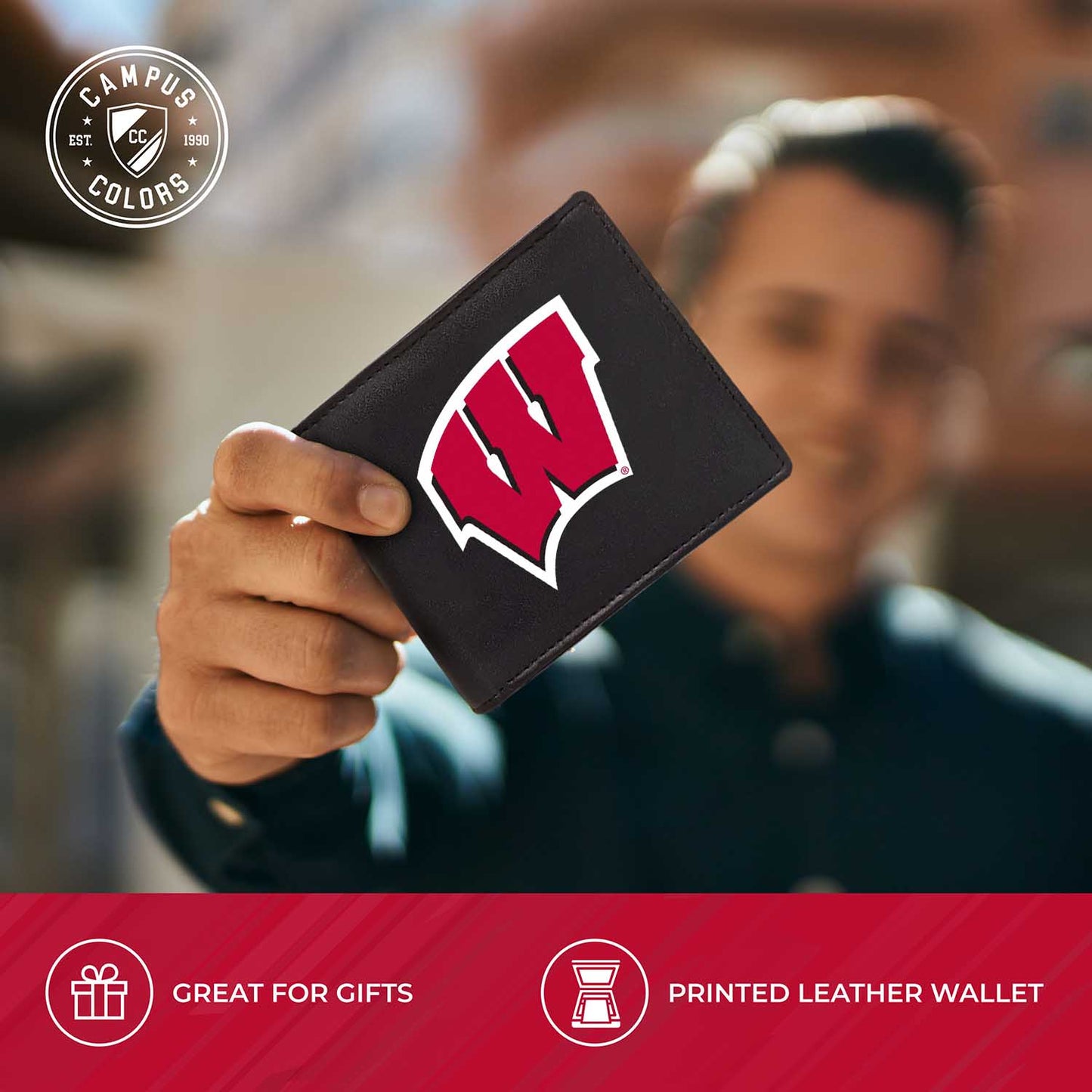 Wisconsin Badgers University Team Logo Mens Bi Fold Wallet and Unisex Valet Keychain Bundle - Black