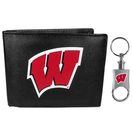 Wisconsin Badgers University Team Logo Mens Bi Fold Wallet and Unisex Valet Keychain Bundle - Black