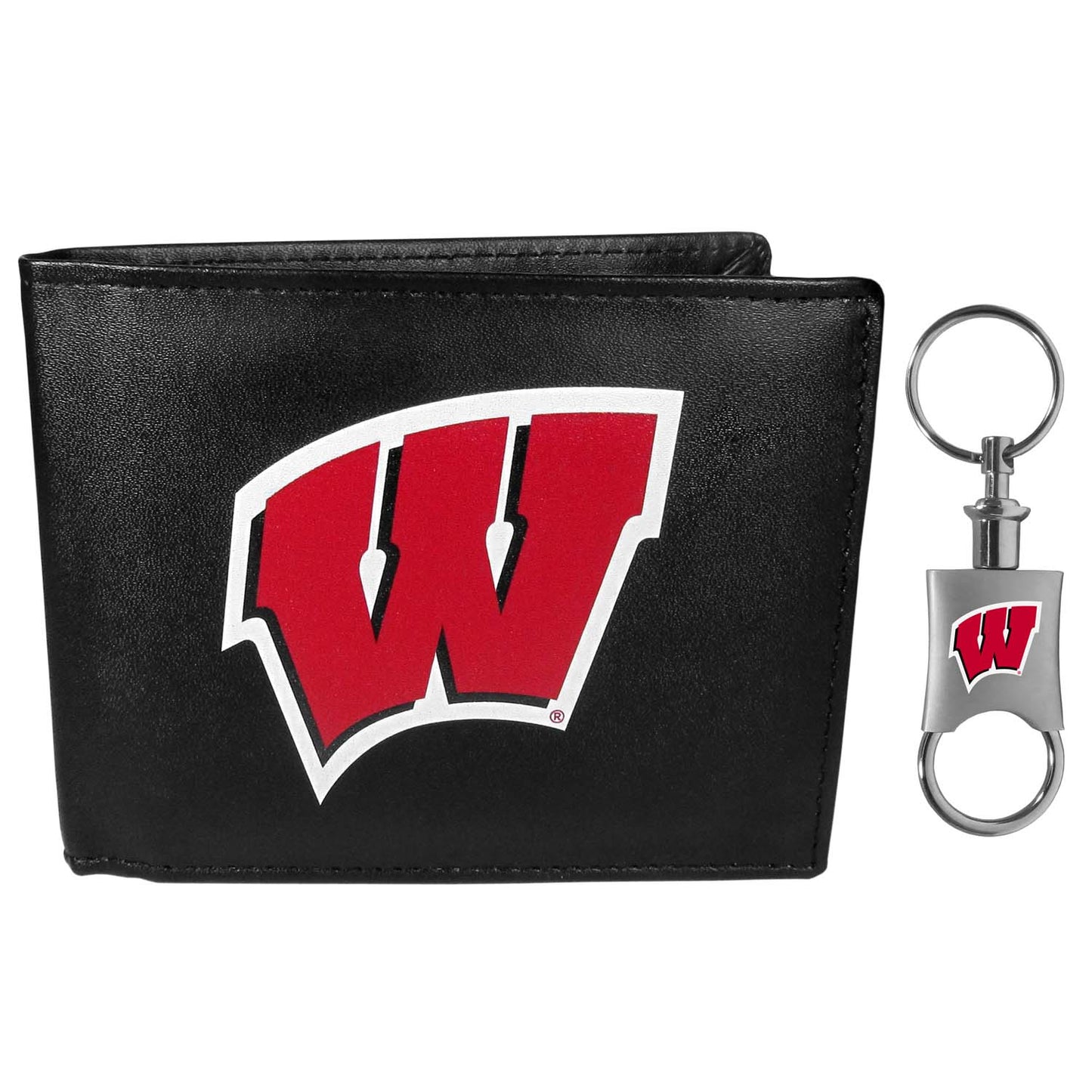 Wisconsin Badgers University Team Logo Mens Bi Fold Wallet and Unisex Valet Keychain Bundle - Black