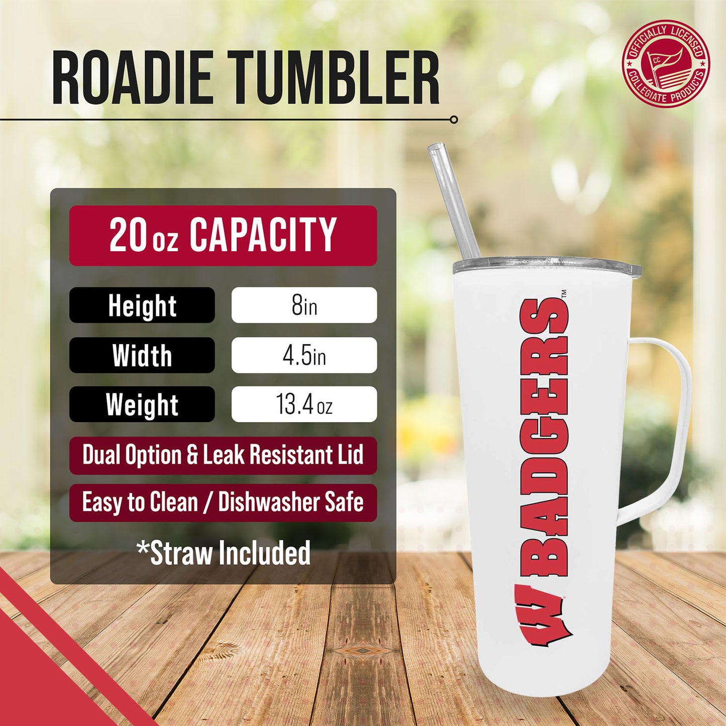 Wisconsin Badgers NCAA Stainless Steel 20oz Roadie With Handle & Dual Option Lid With Straw - White