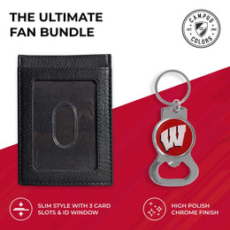 Wisconsin Badgers School Logo Leather Card/Cash Holder and Bottle Opener Keychain Bundle - Black