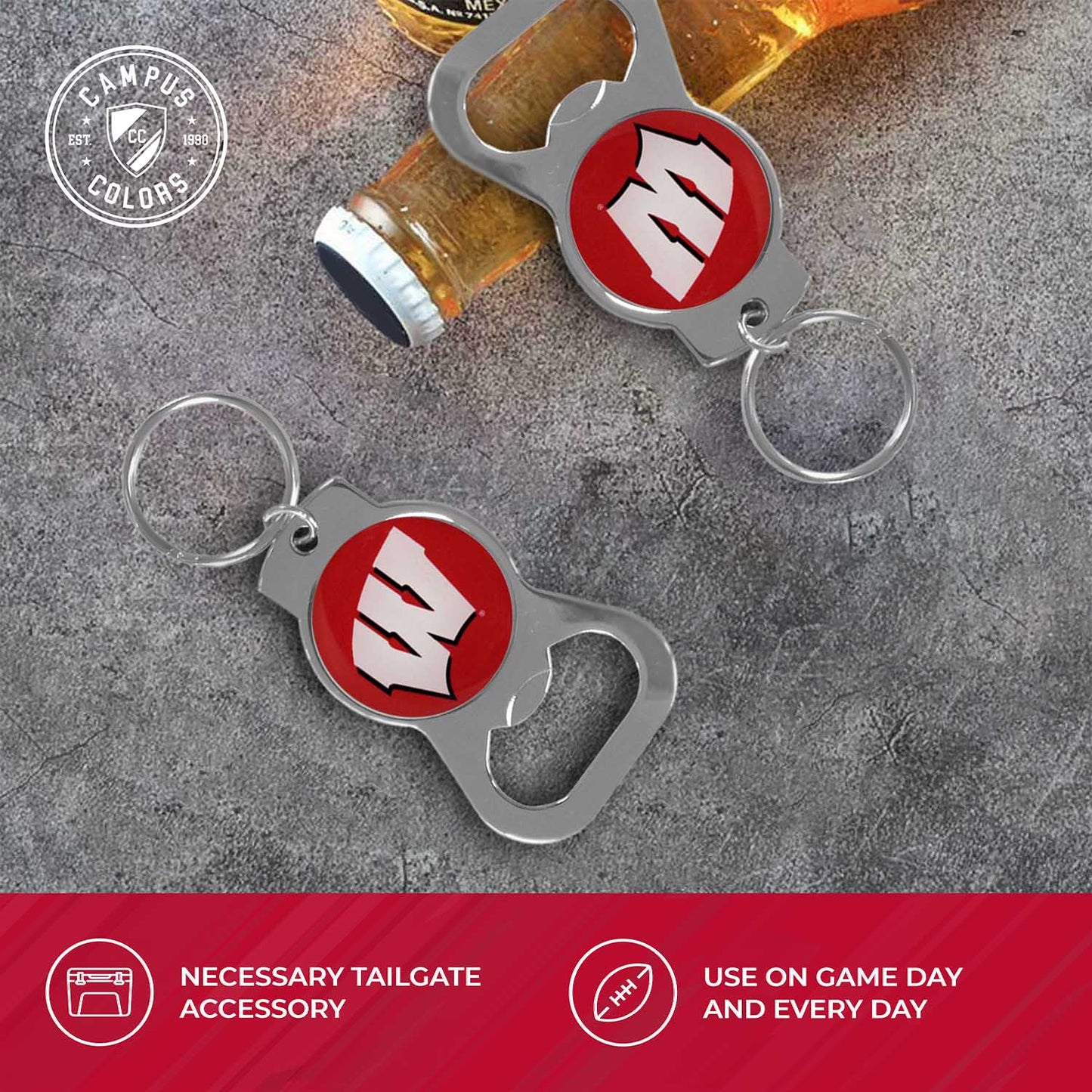 Wisconsin Badgers School Logo Leather Card/Cash Holder and Bottle Opener Keychain Bundle - Black