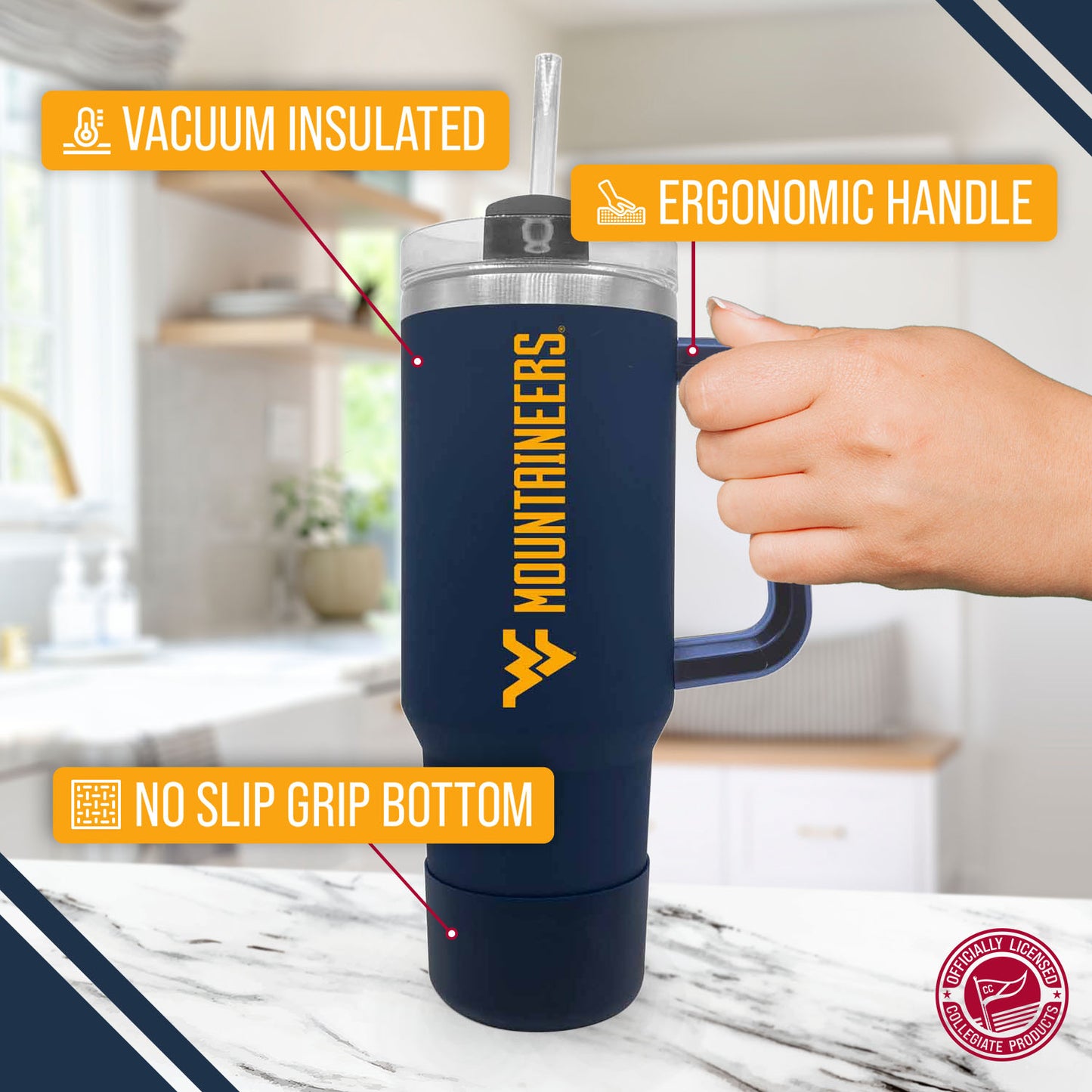 West Virginia Mountaineers College & University 40 oz Travel Tumbler With Handle - Navy