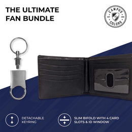 West Virginia Mountaineers University Team Logo Mens Bi Fold Wallet and Unisex Valet Keychain Bundle - Black