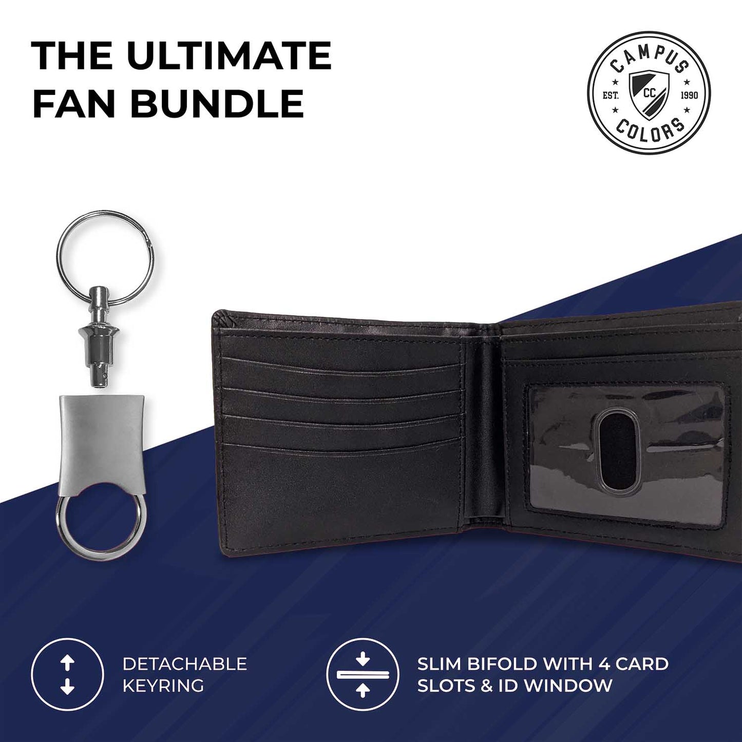 West Virginia Mountaineers University Team Logo Mens Bi Fold Wallet and Unisex Valet Keychain Bundle - Black