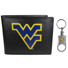 West Virginia Mountaineers University Team Logo Mens Bi Fold Wallet and Unisex Valet Keychain Bundle - Black