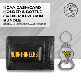 West Virginia Mountaineers School Logo Leather Card/Cash Holder and Bottle Opener Keychain Bundle - Black