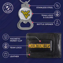 West Virginia Mountaineers School Logo Leather Card/Cash Holder and Bottle Opener Keychain Bundle - Black
