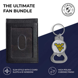 West Virginia Mountaineers School Logo Leather Card/Cash Holder and Bottle Opener Keychain Bundle - Black