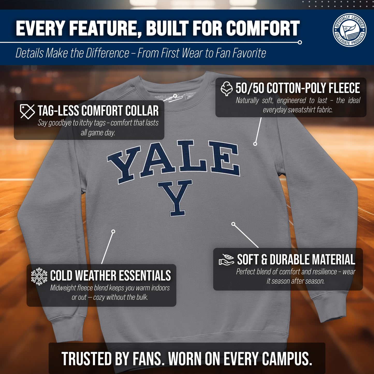 Yale Bulldogs Campus Colors Adult Arch & Logo Soft Style Gameday Crewneck Sweatshirt  - Gray